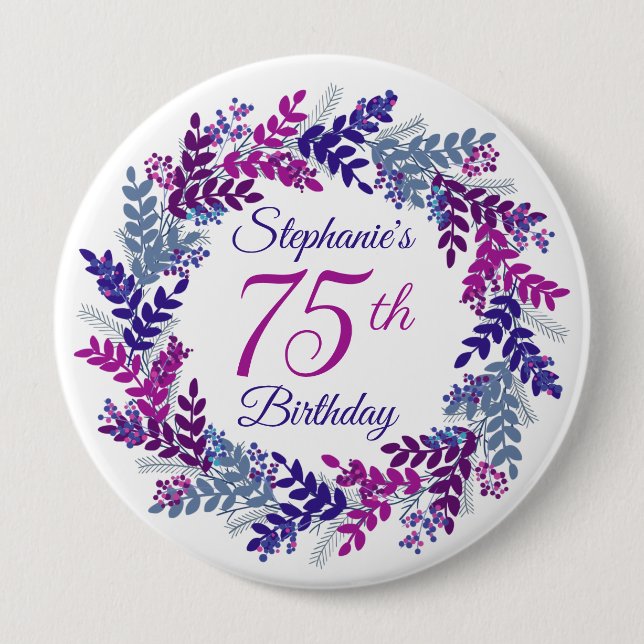 Elegant Pink Purple Wreath 75th Birthday Button (Front)