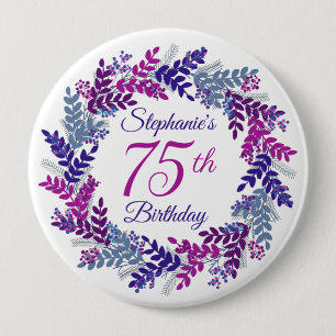 Elegant Pink Purple Wreath 75th Birthday Button