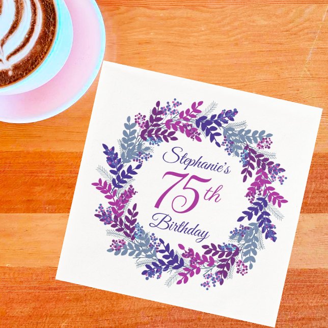 Elegant Pink Purple Wreath 75th Birthday Napkins (Creator Uploaded)