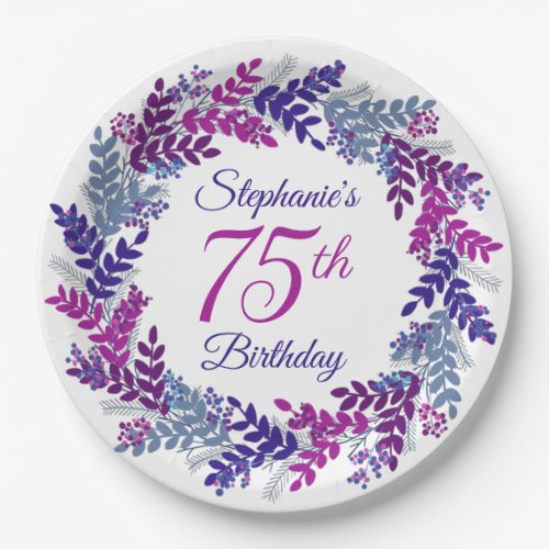 Elegant Pink Purple Wreath 75th Birthday Paper Plates