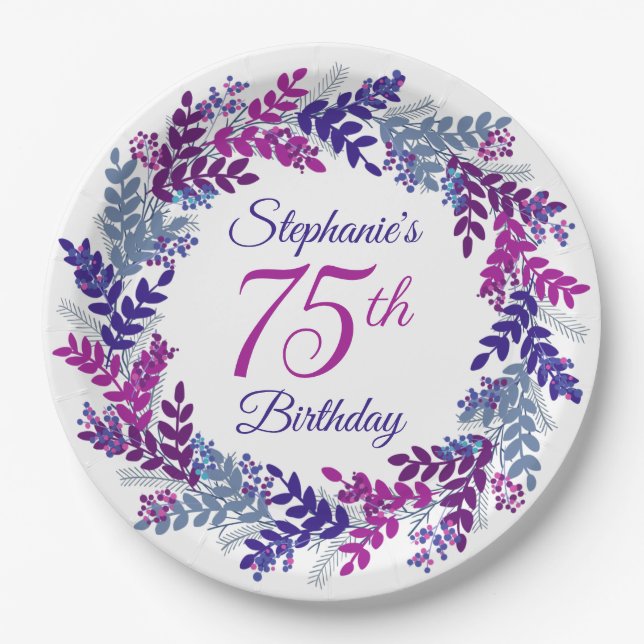 Elegant Pink Purple Wreath 75th Birthday Paper Plates (Front)