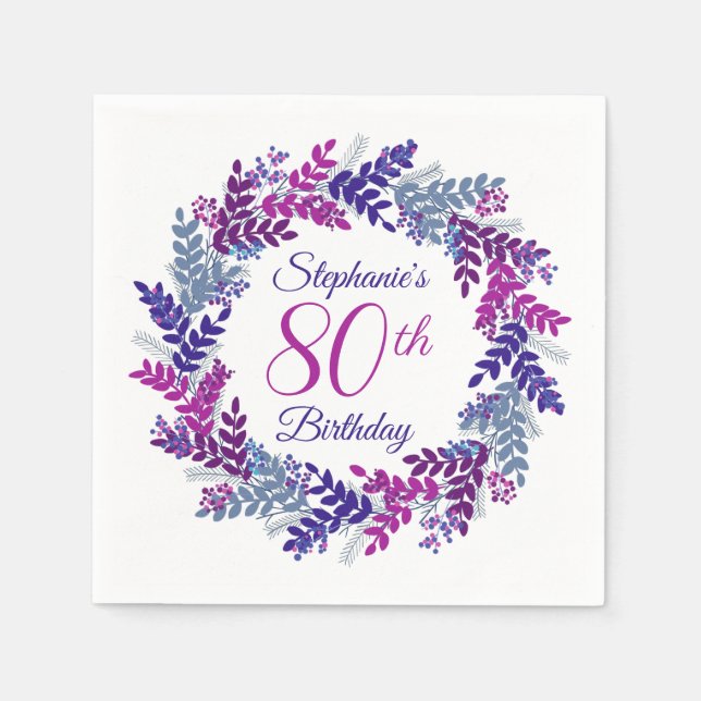 Elegant Pink Purple Wreath 80th Birthday Napkins (Front)