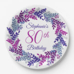 Elegant Pink Purple Wreath 80th Birthday Paper Plates