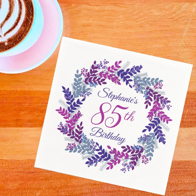 Elegant Pink Purple Wreath 85th Birthday Napkins (Creator Uploaded)