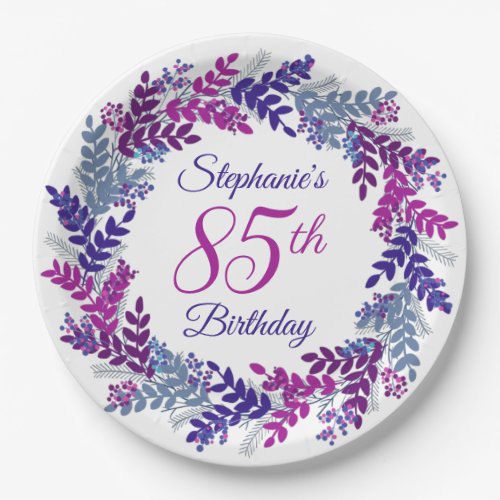 Elegant Pink Purple Wreath 85th Birthday Paper Plates