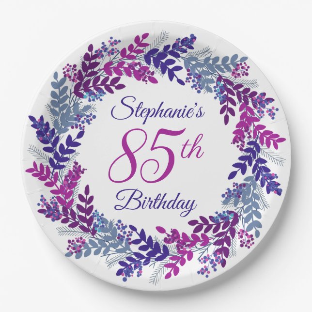 Elegant Pink Purple Wreath 85th Birthday Paper Plates (Front)