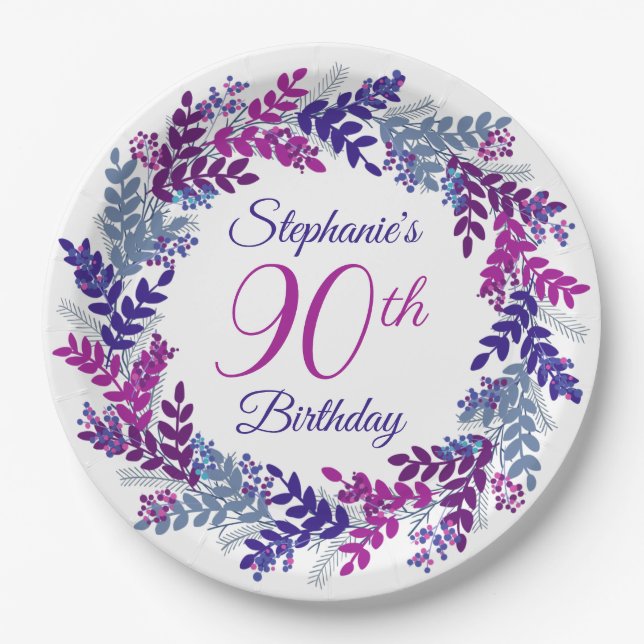 Elegant Pink Purple Wreath 90th Birthday Paper Plates (Front)