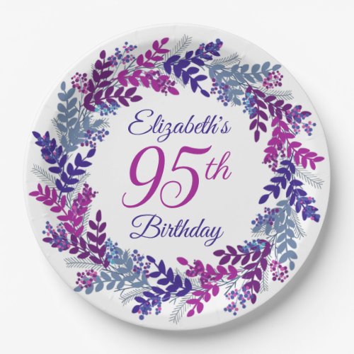 Elegant Pink Purple Wreath 95th Birthday Party Paper Plates
