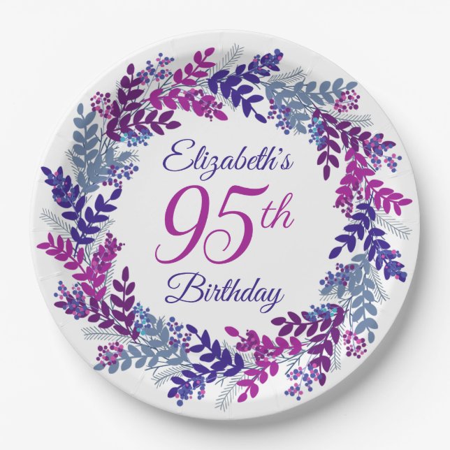 Elegant Pink Purple Wreath 95th Birthday Party Paper Plates (Front)