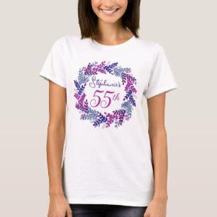 Elegant Pink Purple Wreath Monogram 55th Birthday T-Shirt