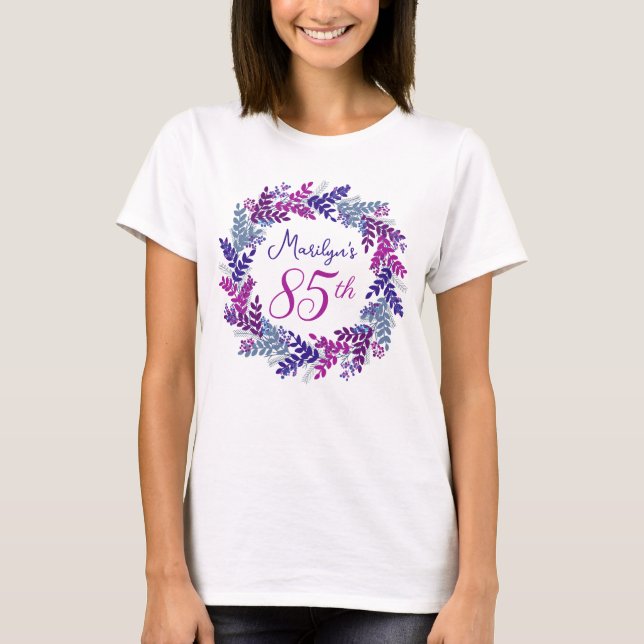 Elegant Pink Purple Wreath Monogram 85th Birthday T-Shirt (Front)