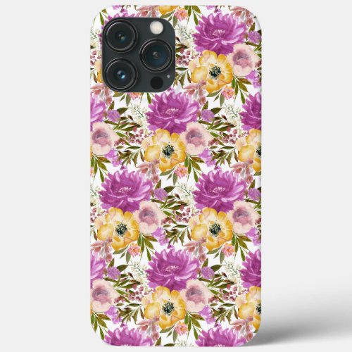 Elegant Pink Purple Yellow Watercolor Floral iPhone 13 Pro Max Case