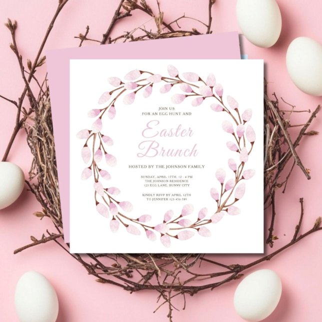 Elegant Pink Pussy Willow Easter Brunch Invitation (Cute Pink Pussy Willow Easter Brunch Invitation)