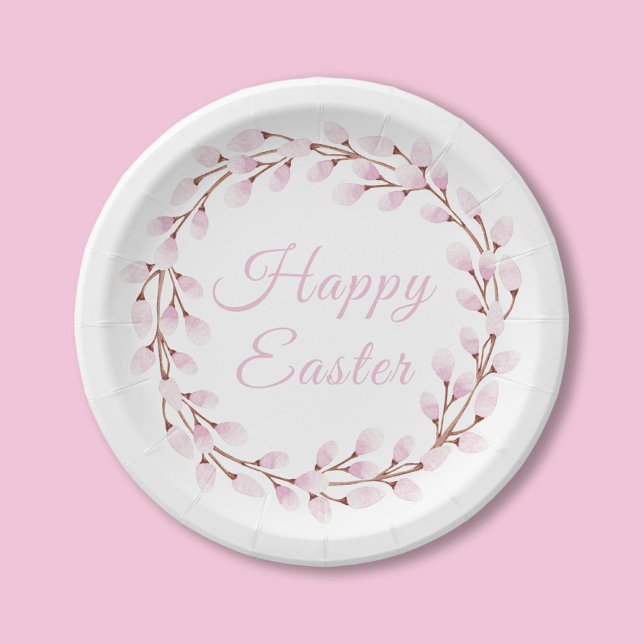 Elegant Pink Pussy Willow Happy Easter  Paper Plates (Elegant Pink Pussy Willow Happy Easter Paper Plates)