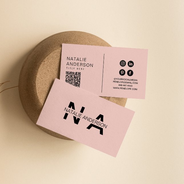 Elegant Pink QR Code Monogram Logo Boho Girly Business Card (Creator Uploaded)