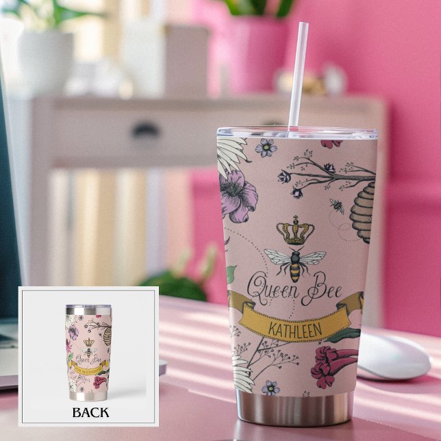 Elegant Pink Queen Bee Best Mom Ever Personalized Insulated Tumbler (Chic Royal Queen Bee & Gold Crown Hand-Drawn Pattern.
2 Custom Texts: 
Name (Front) 
Message (Back))
