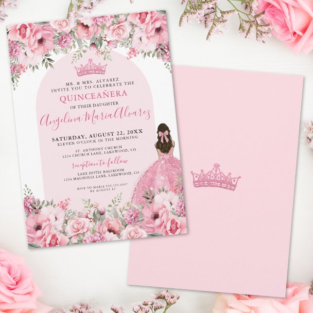 Elegant Pink Quinceanera Invitation (Elegant Floral Rose Pink Quinceanera Invitation)