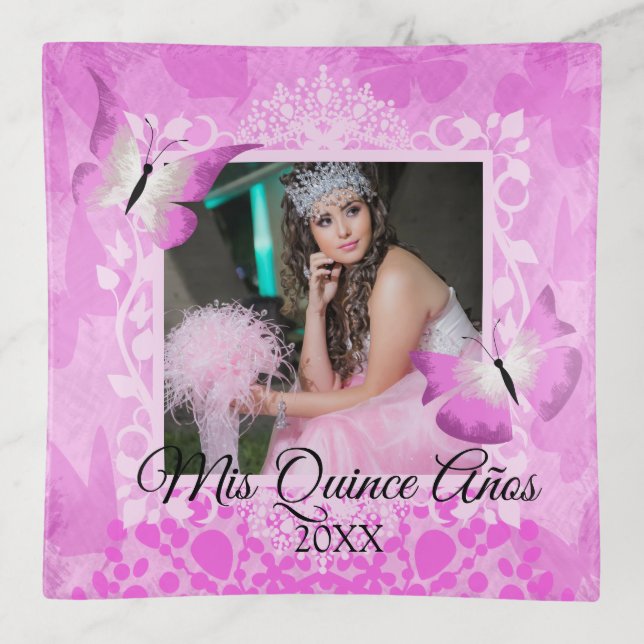 Elegant Pink Quinceanera Trinket w/ Butterflies Trinket Tray (Front)