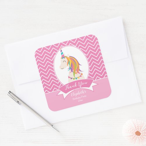 Elegant Pink Rainbow Unicorn Birthday Thank You Square Sticker