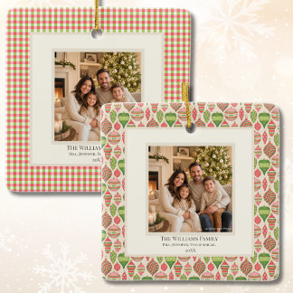 Elegant Pink Red and Green Photo Christmas Ceramic Ornament