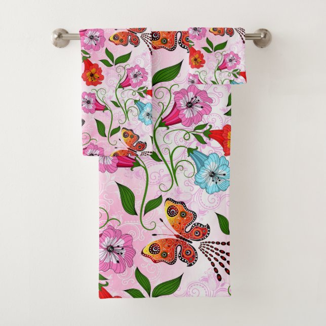 Elegant Pink Red Blue Flowers And Butterfly Bath Towel Set (Insitu)