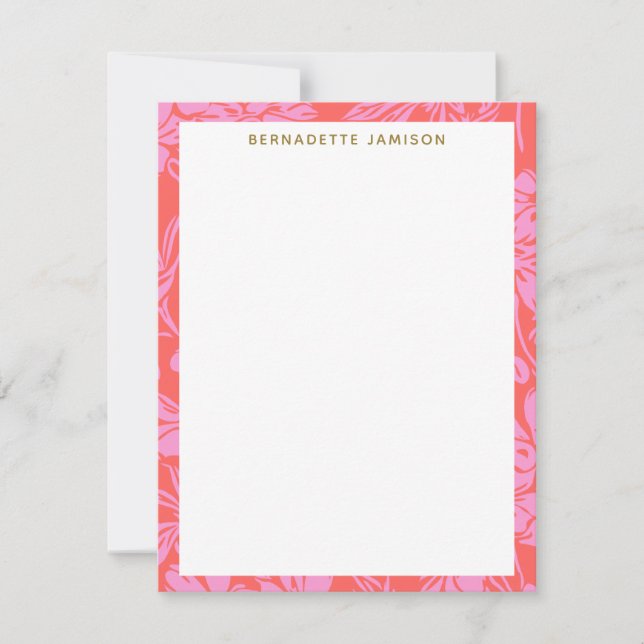 Elegant Pink Red Botanical Border Personalized Note Card (Front)