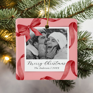 Elegant Pink Red Bow Photo Holiday Ceramic Ornament