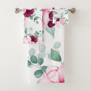 Elegant Pink red chic floral  Bath Towel Set
