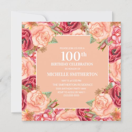 Elegant Pink Red Floral 100th Birthday Party Women Invitation