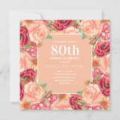 Elegant Pink Red Floral 80th Birthday Party Women Invitation (Front)