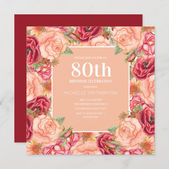 Elegant Pink Red Floral 80th Birthday Party Women Invitation (Front/Back)