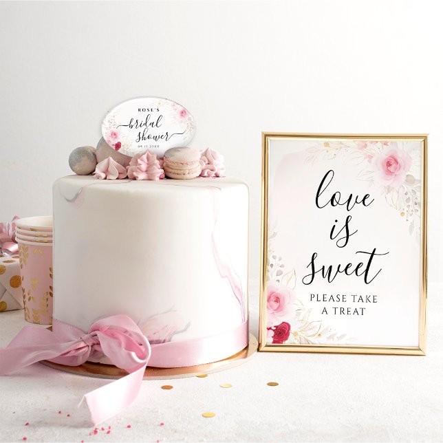 Elegant Pink & Red Floral Bridal Shower Cake Topper (Creator Uploaded)