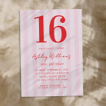 Elegant Pink Red Modern 16th Birthday Invitation<br><div class="desc">Create your own personalized 16th birthday invitations featuring modern typography and striped pink pattern background</div>