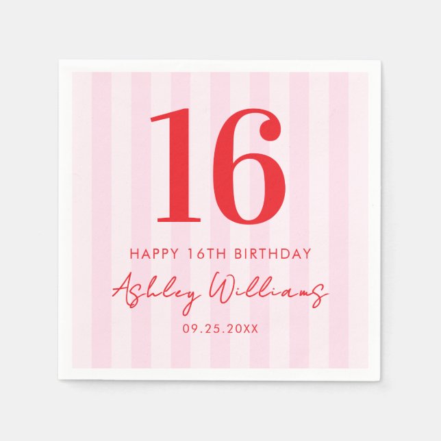 Elegant Pink Red Modern 16th Birthday Napkins (Front)