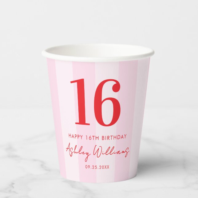 Elegant Pink Red Modern 16th Birthday Paper Cups (Front)