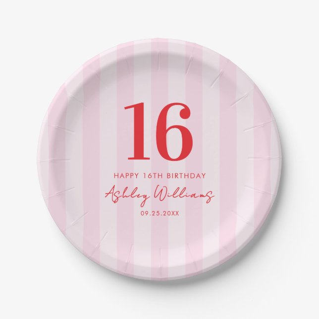 Elegant Pink Red Modern 16th Birthday Paper Plates (Front)