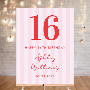 Elegant Pink Red Modern 16th Birthday Sign
