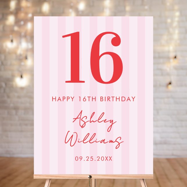 Elegant Pink Red Modern 16th Birthday Sign (Creator Uploaded)