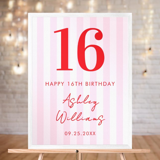 Elegant Pink Red Modern 16th Birthday Sign Poster (Creator Uploaded)