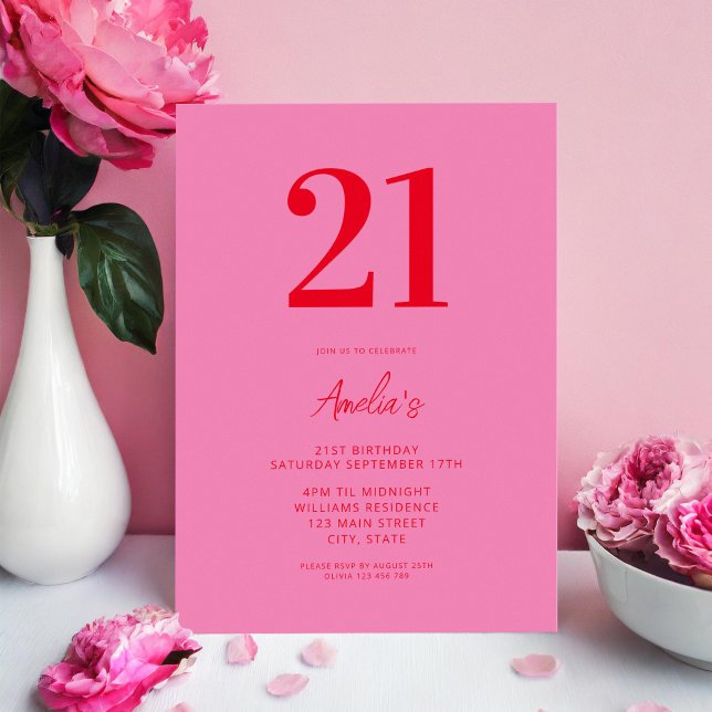 Elegant Pink Red Modern 21st Birthday Invitation (Creator Uploaded)
