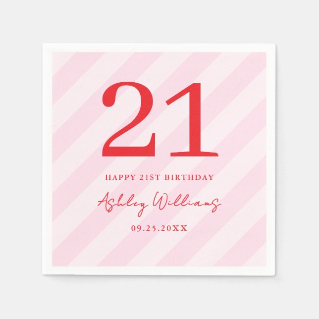 Elegant Pink Red Modern 21st Birthday Napkins (Front)