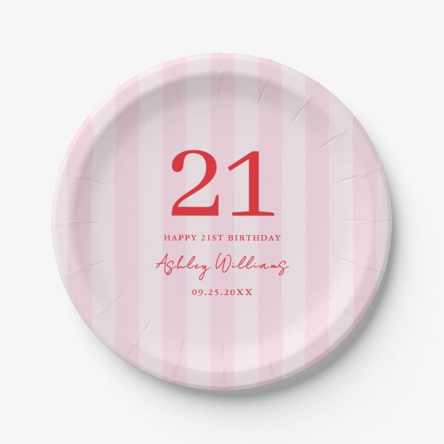 Elegant Pink Red Modern 21st Birthday Paper Plates (Front)