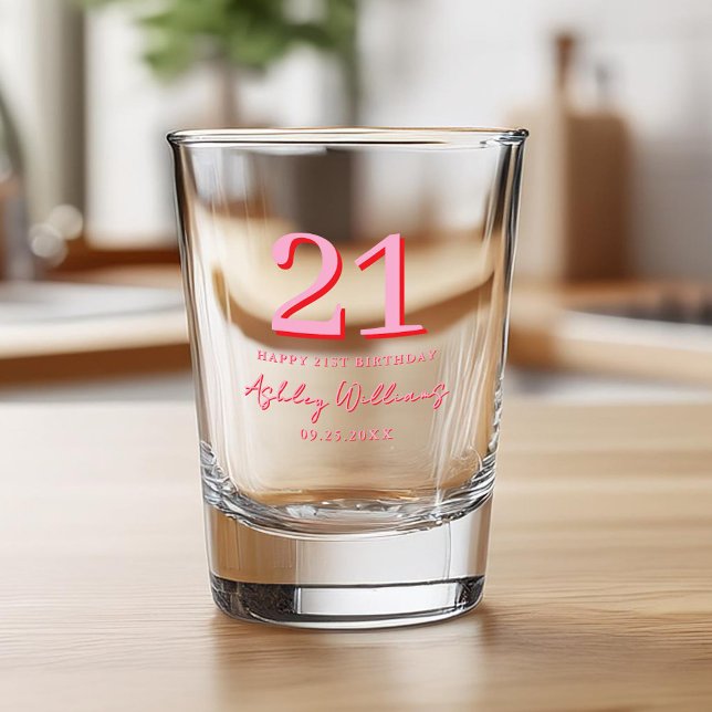 Elegant Pink Red Modern 21st Birthday Shot Glass (Creator Uploaded)