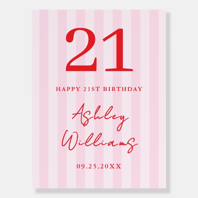 Elegant Pink Red Modern 21st Birthday Sign (Front)