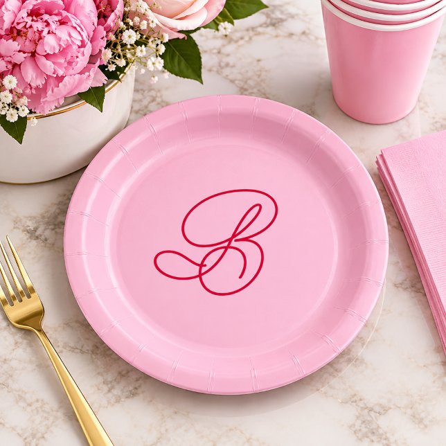 Elegant Pink & Red Monogram Script Name  Paper Plates (Creator Uploaded)