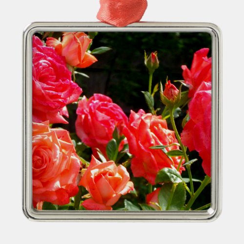 Elegant pink red orange floral roses metal ornament