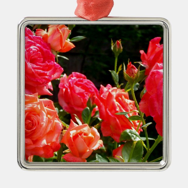 Elegant pink red orange floral roses metal ornament (Front)