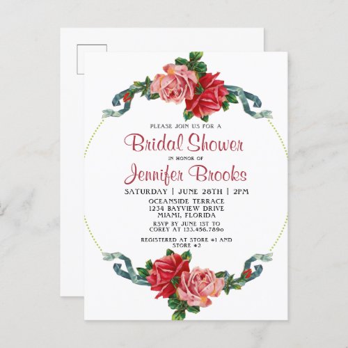 Elegant Pink  Red Rose Floral Bridal Shower Invitation Postcard