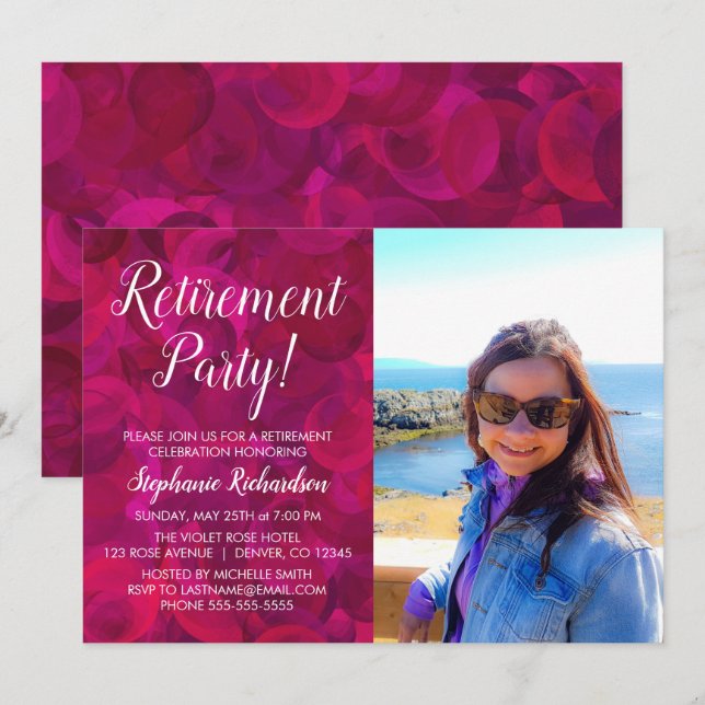Elegant Pink Red Rose Photo Retirement Invitation (Front/Back)