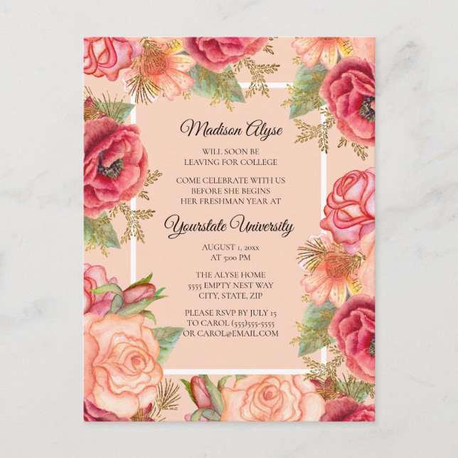 Elegant Pink Red Roses Floral College Trunk Party Invitation Postcard (Front)